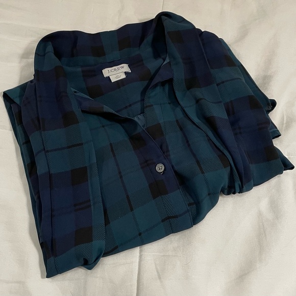 J. Crew Factory Black Watch Plaid Bow Neck Button Front Blouse (XL) - Picture 2 of 5